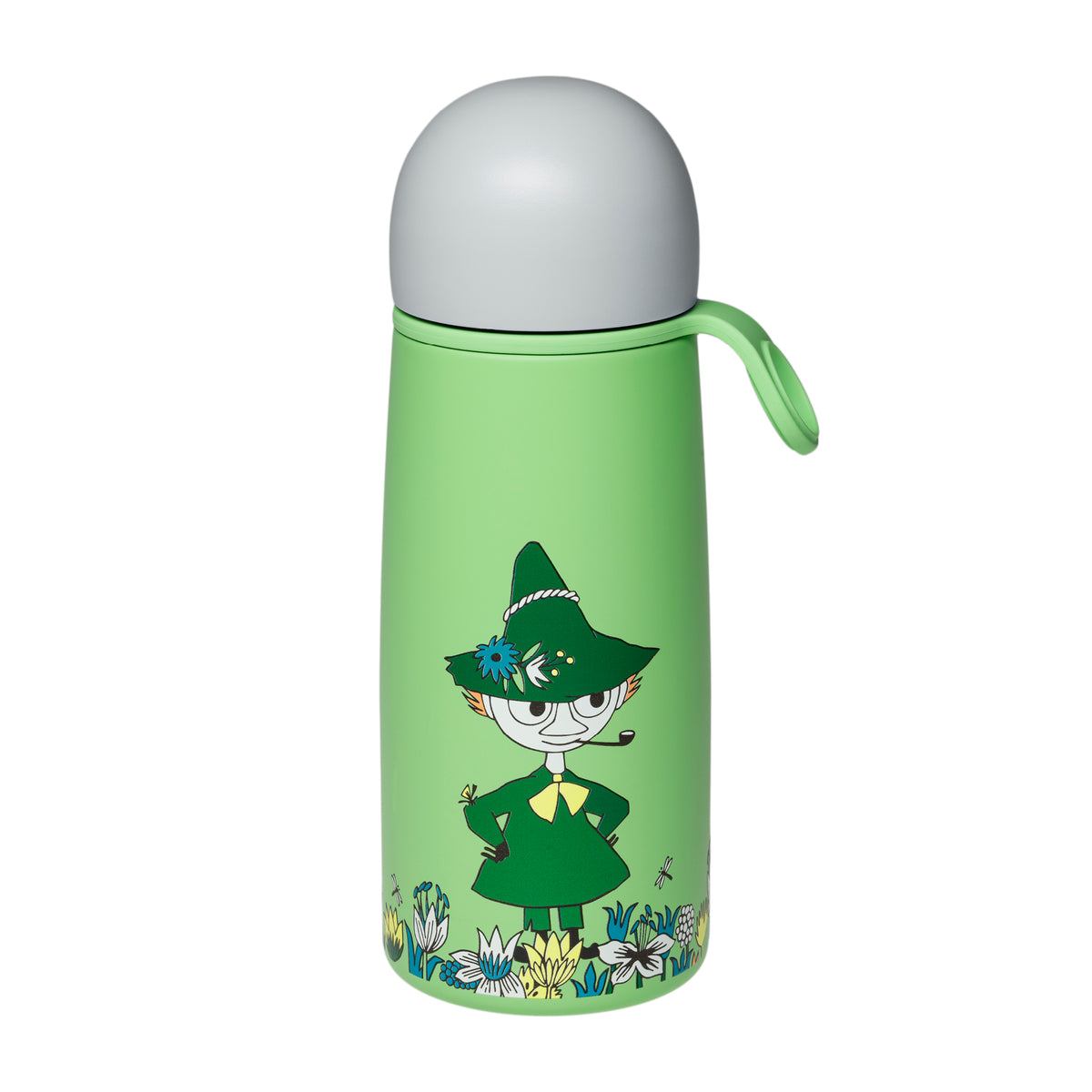A light green insulated thermos bottle with a lid and carrying loop, featuring an illustration of Snufkin standing in a field of flowers.