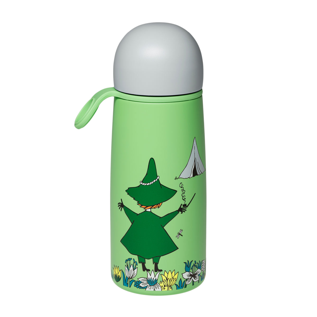 Moomin thermos bottle 0,45L Snufkin - A light green insulated thermos bottle with a lid and carrying loop, featuring an illustration of Snufkin standing in a field of flowers.