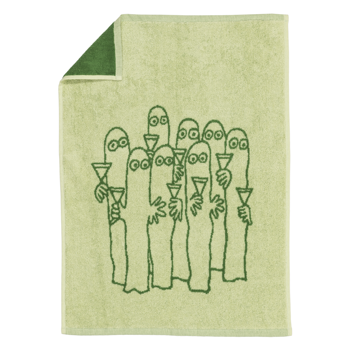 A green hand towel with an illustration of the Hattifatteners.