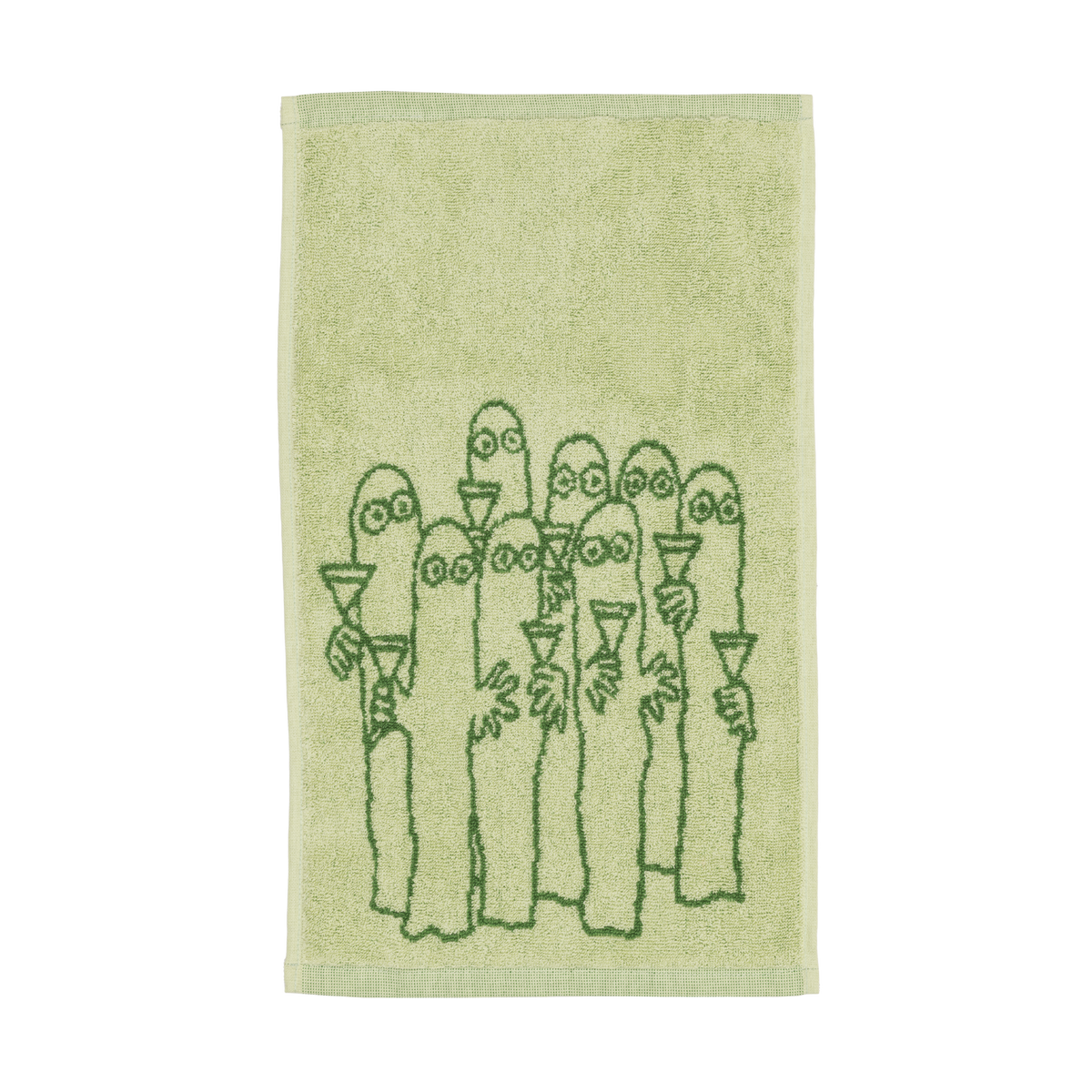 Green towel with an illustration of the Hattifatterners holding cocktal glasses.