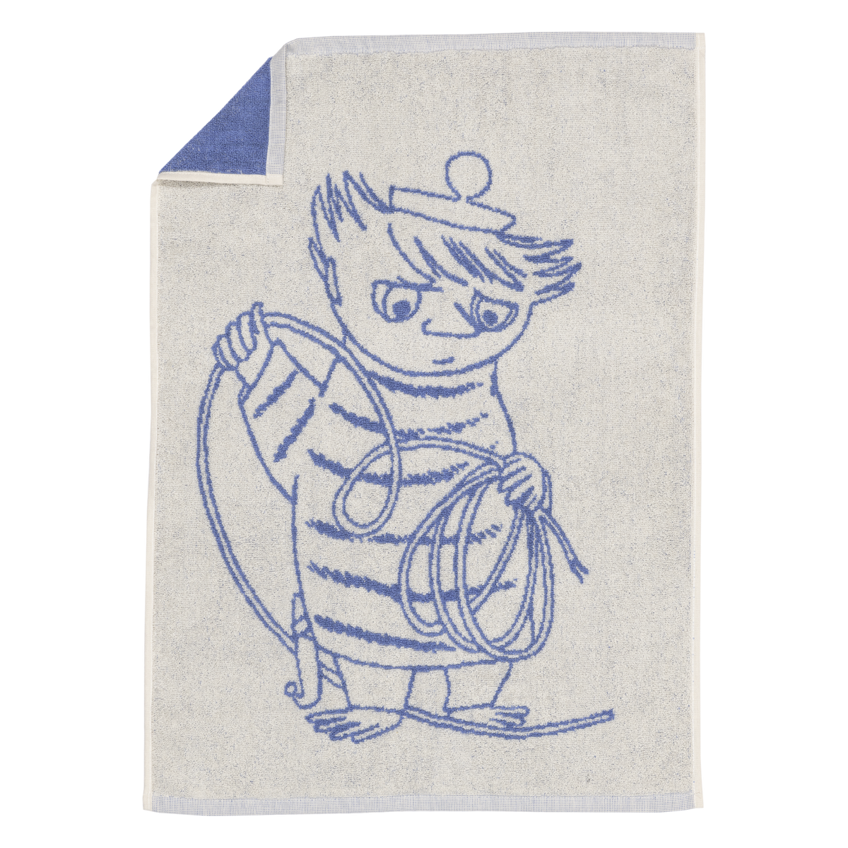 A Blue hand towel with an illustration of Too-ticky holding a rope on a white background