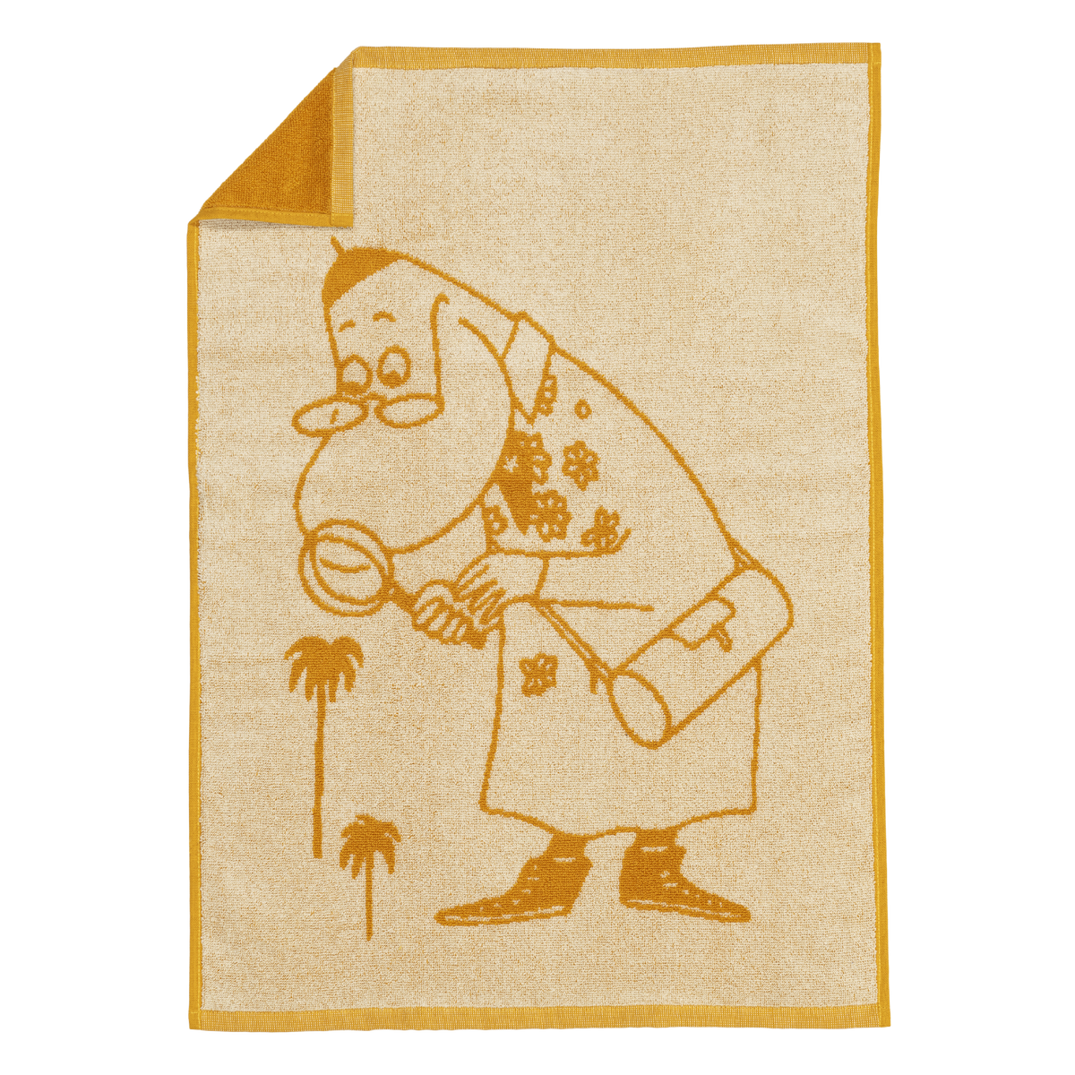 A yellow hand towel with an illustration of a Hemulen holding a magnifying glass, shown on a plain white background.