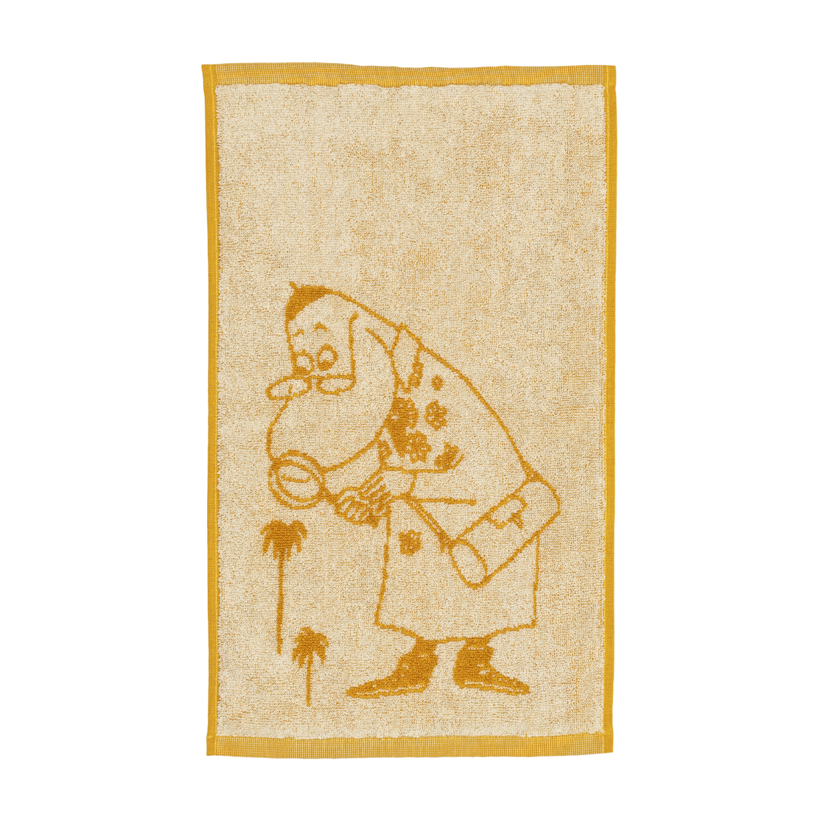 A yellow hand towel with an illustration a Hemulen inspecting plants with a magnifying glass.
