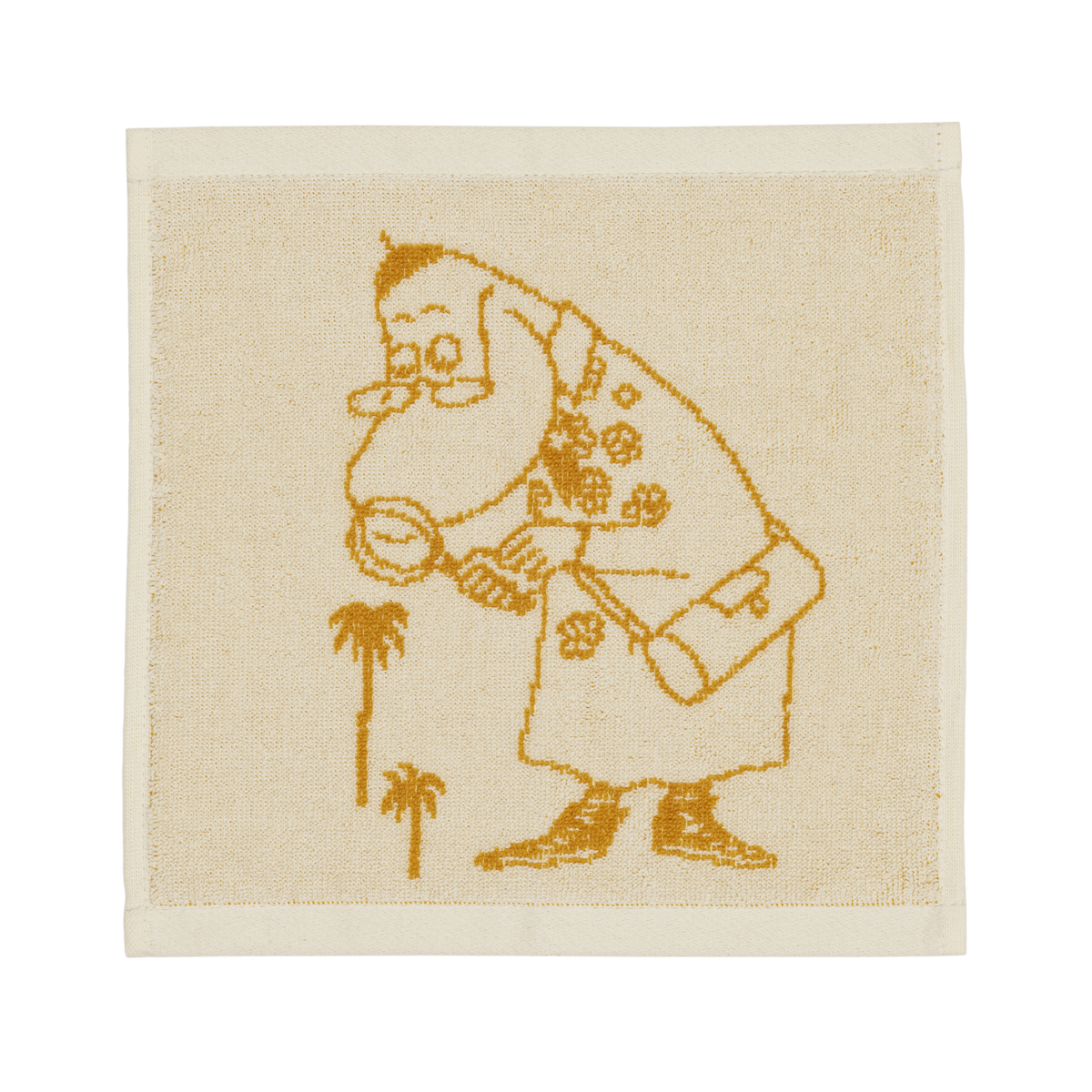 A yellow min towel with an illustration of a Hemulen inspecting plants with a magnifying glass.