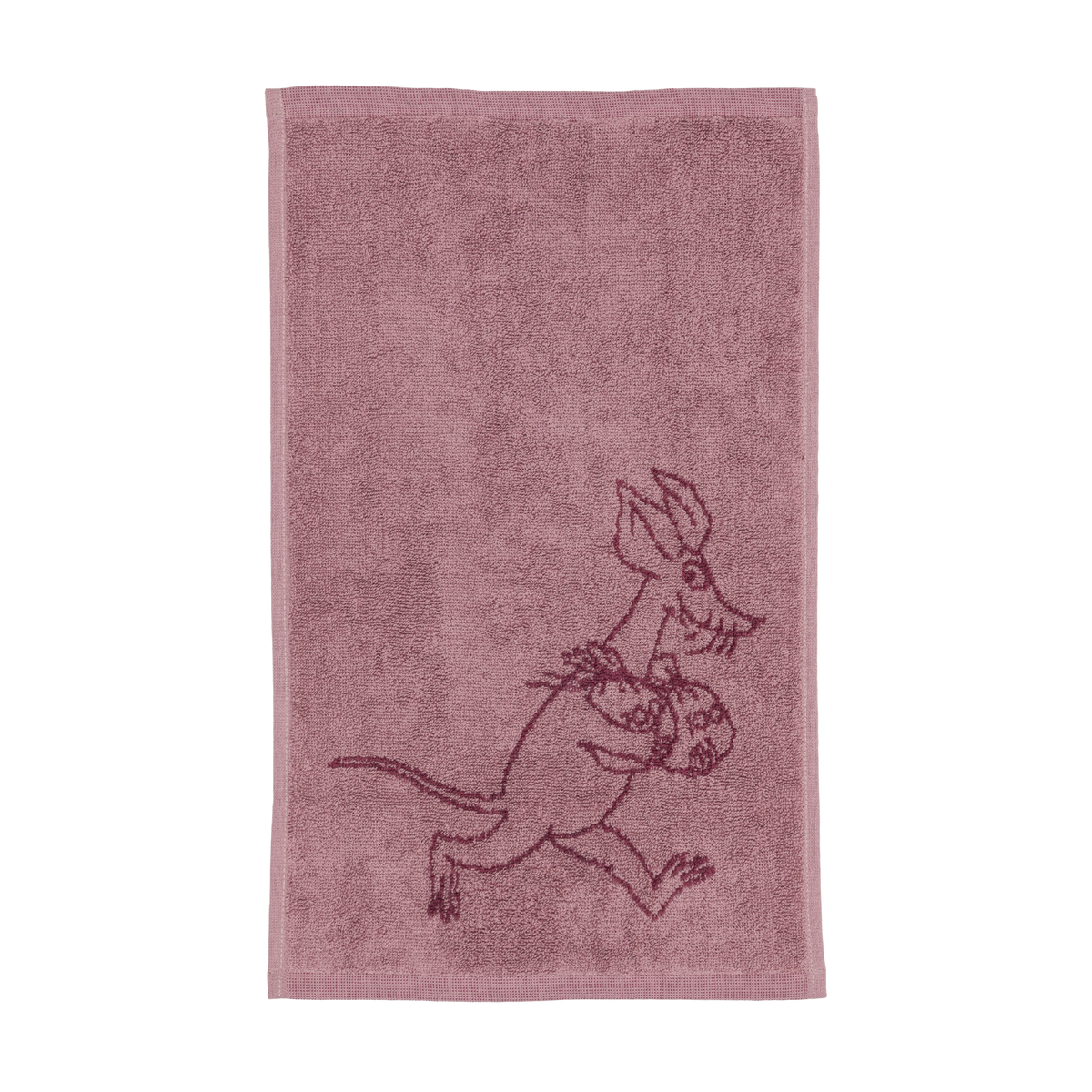 A mauve hand towel featuring an illustration of a Sniff carrying money bags, shown against a plain white background.