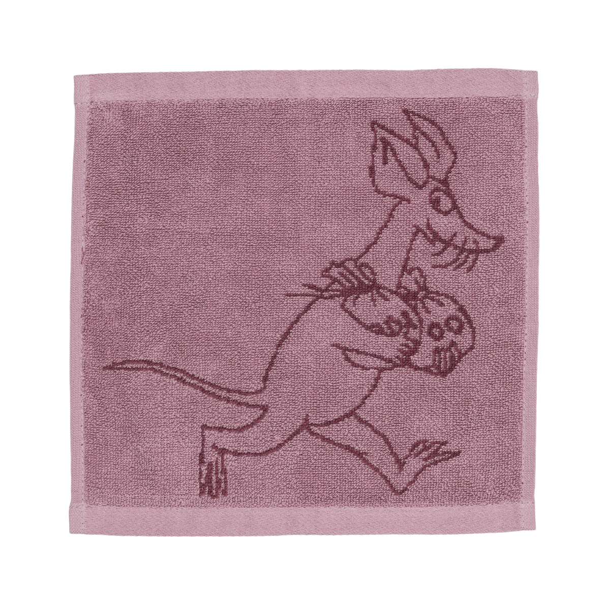 A mauve mini towel featuring an illustration of Sniff carrying money bags, on a white background.