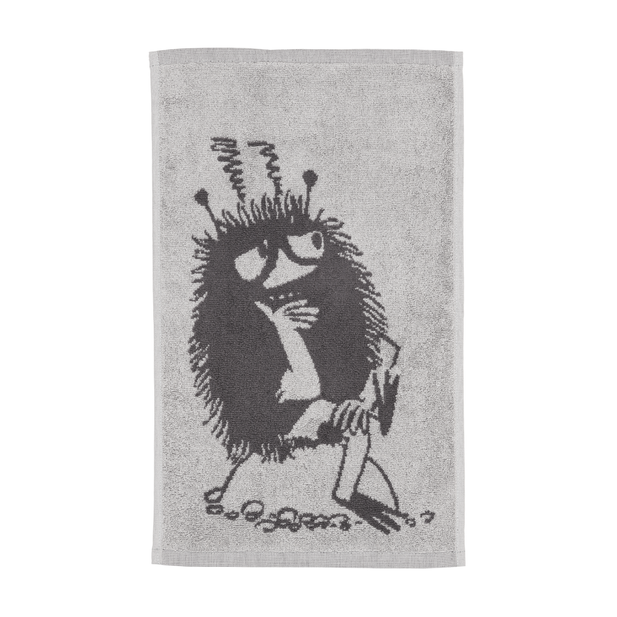 A grey hand towel featuring an illustration of Stinky.