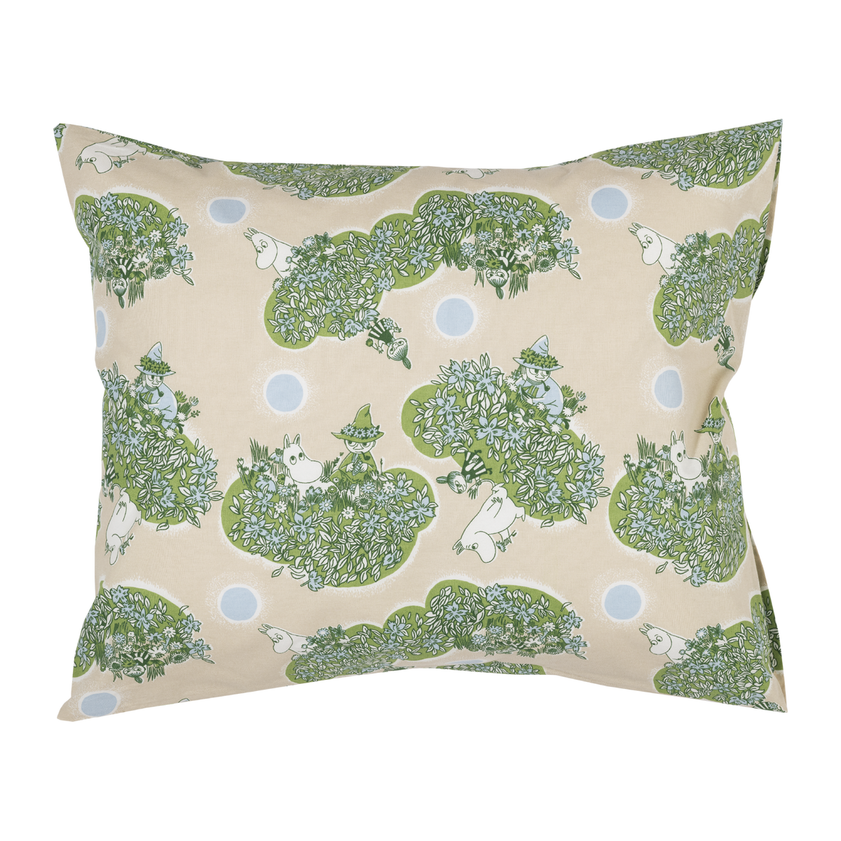 A pillowcase, featuring a repeating illustration of Moomintroll, Little My and Snufkin having climbed on a green tree.