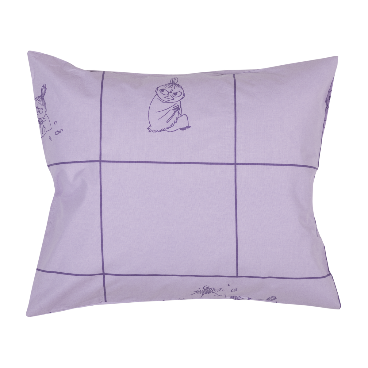Moomin bedset 150x210cm Little My lila - A light purple pillowcase, featuring a dark purple grid pattern and small Little My illustrations, displayed on a solid white background.