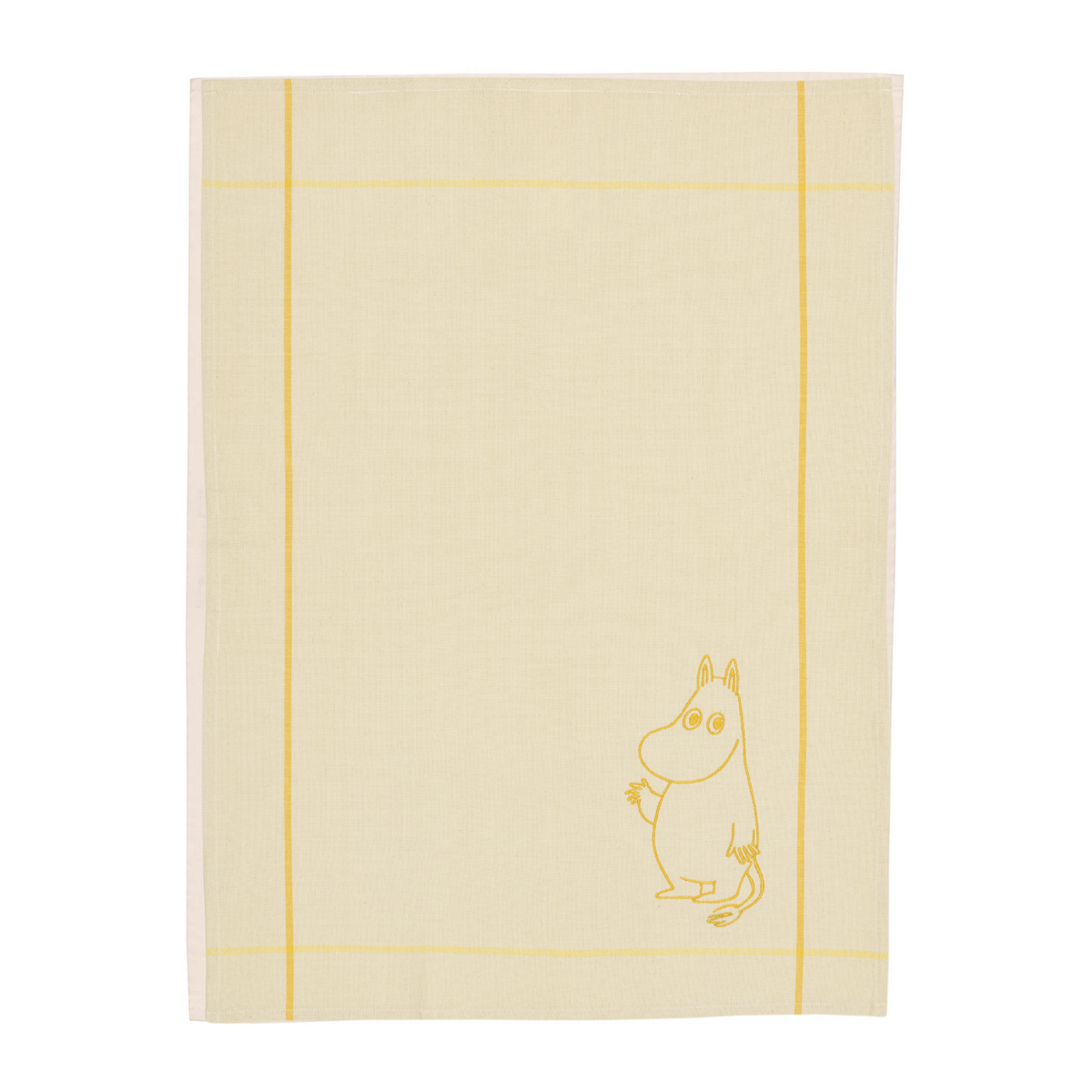 A yellow-colored kitchen towel featuring a yellow grid pattern and a small yellow line-art illustration of Moomintroll in bottom right corner, shown against a plain white background.