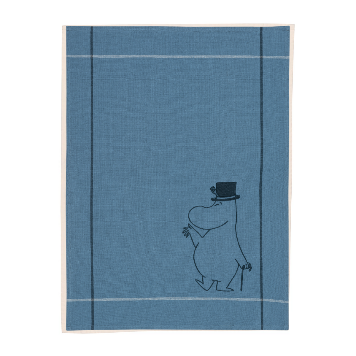 A blue tea towel, featuring an emborided illustration of Moominpappa.