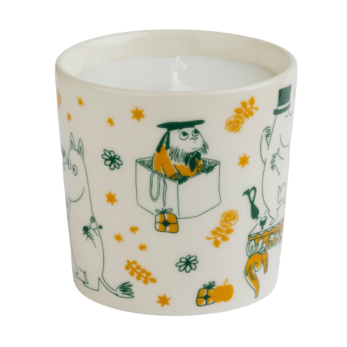 Moomin filled candle Gift of Love - A white ceramic candle holder featuring a colorful Moomin-themed illustration with green and orange characters and stars, shown on a plain white background.