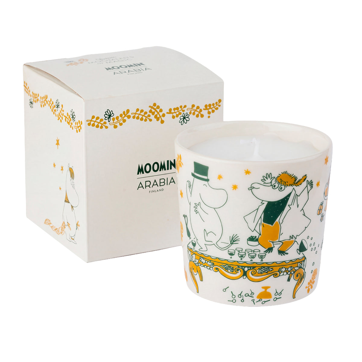 Moomin filled candle Gift of Love - A Moomin Arabia candle in a white cylindrical ceramic jar with a colorful illustration of Moomen characters, shown next to its white packaging box.