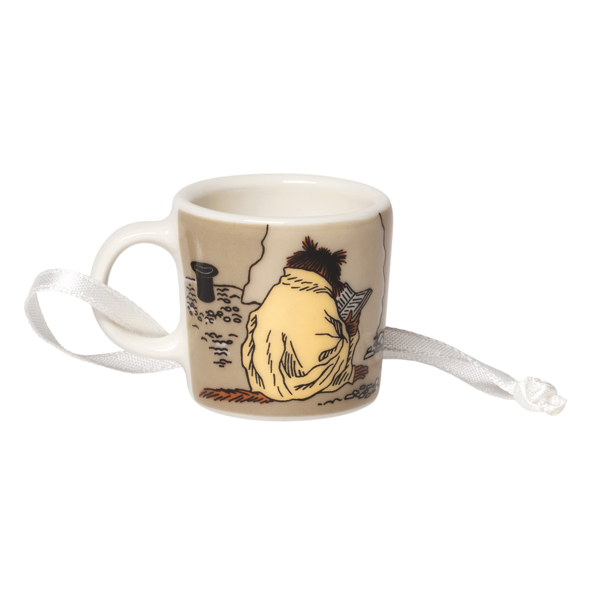 Muumi minimuki Piisamirotta - A small ceramic mini mug  featuring a  illustration of Muskrat on a beige background, with a white ribbon loop attached to the handle.