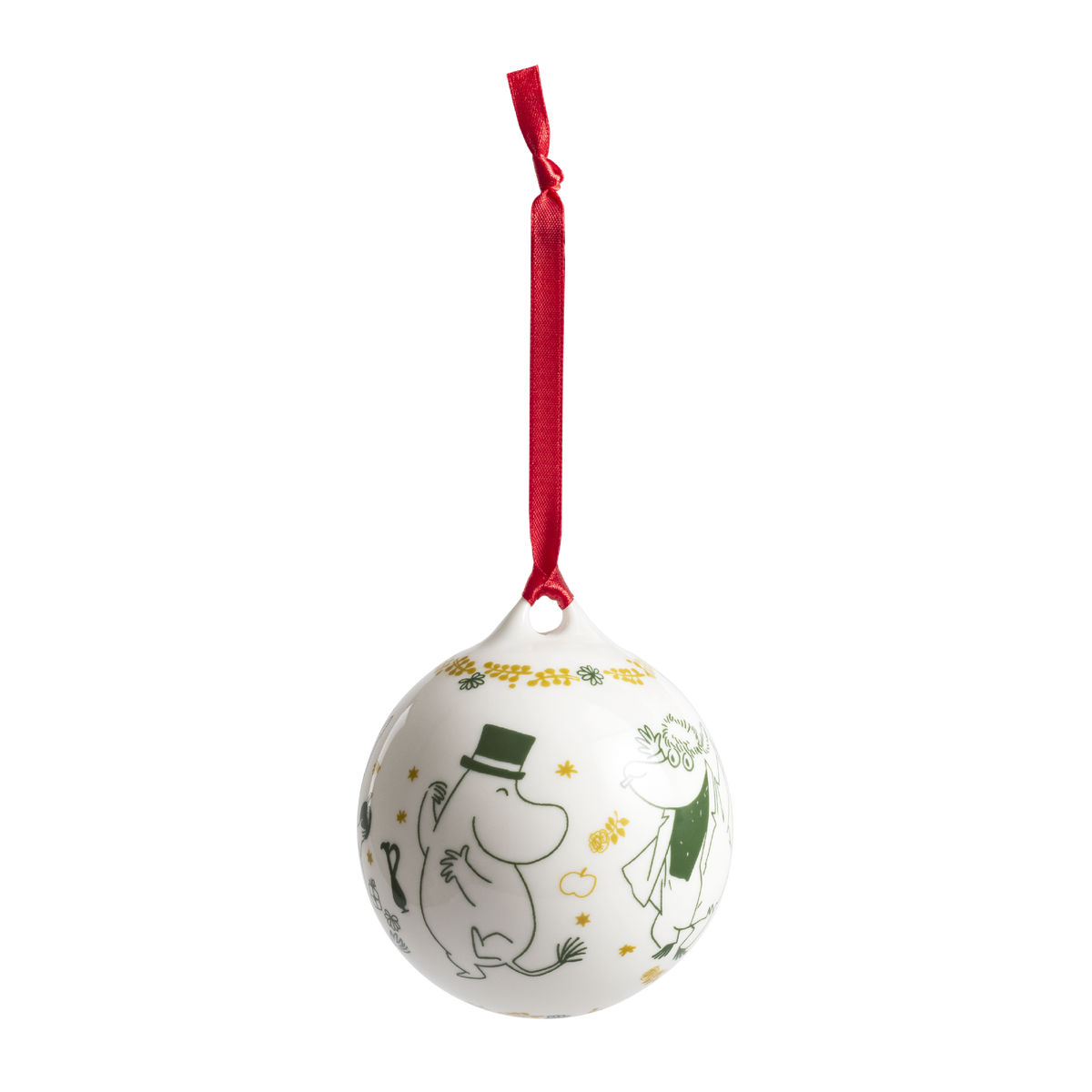 Moomin annual bauble 80mm 2026 - A white ceramic Christmas ornament featuring Moomin charatcers in green and yellow illustrations, complete with a red hanging ribbon.