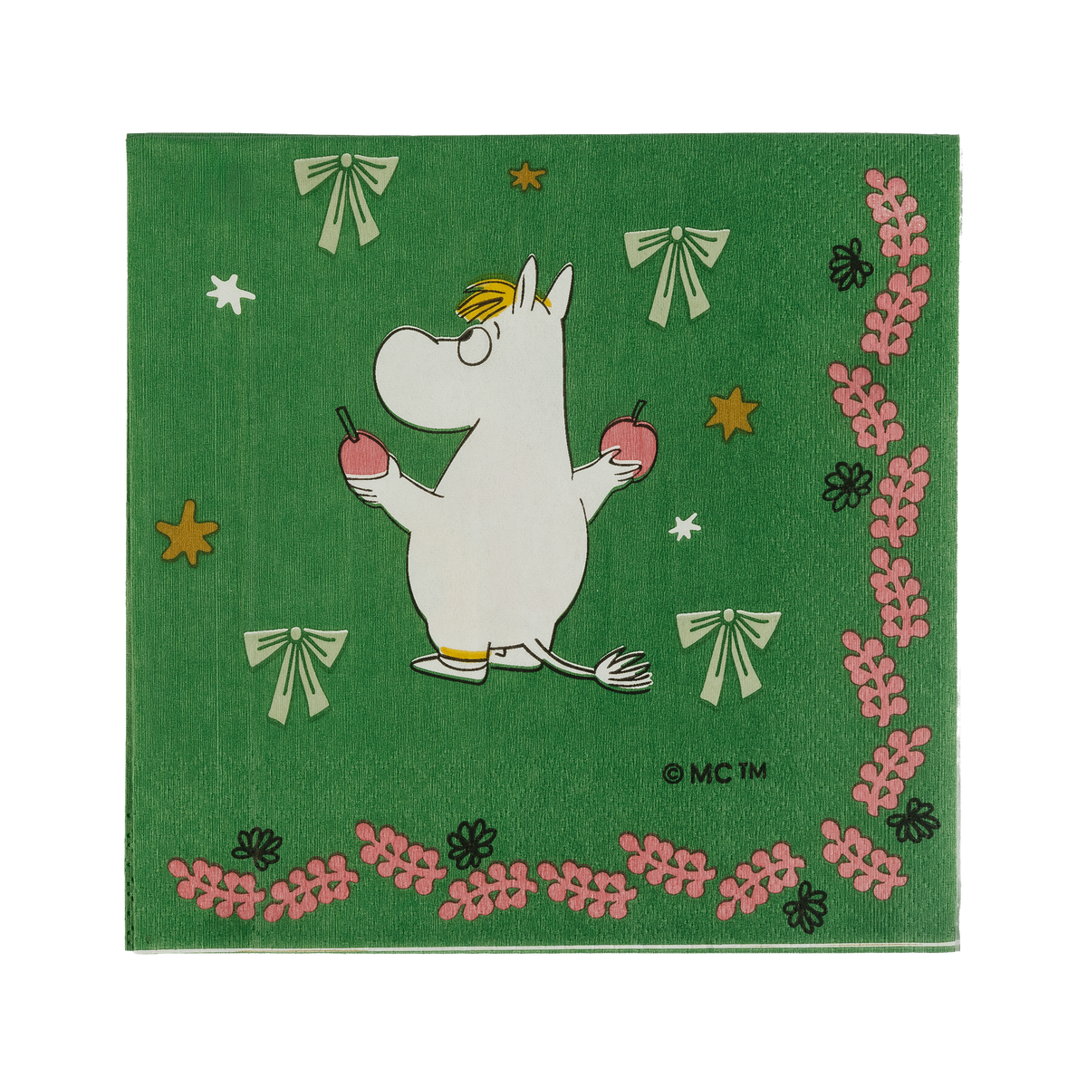 Moomin paper napkin 33cm Gift of Love - A square green paper napkin featuring Snorkmaiden holding red apples, surrounded by bows, stars, and pink floral borders on a green background.