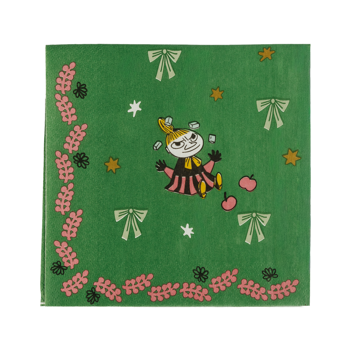 Moomin paper napkin 33cm Gift of Love - A square green paper napkin featuring an illustration of Little My with apples, surrounded by bows, flowers, and stars, with a decorative border of pink flowers along the left and bottom edges.