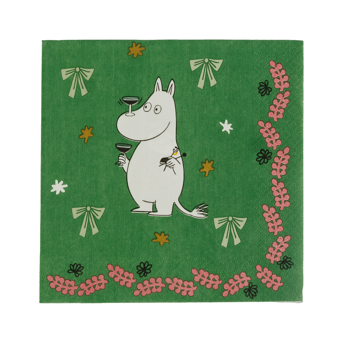 Moomin paper napkin 33cm Gift of Love - A square green paper napkin featuring Moomintroll holding a wine glass, surrounded by pink floral borders, white bows, and small decorative stars on a green background.