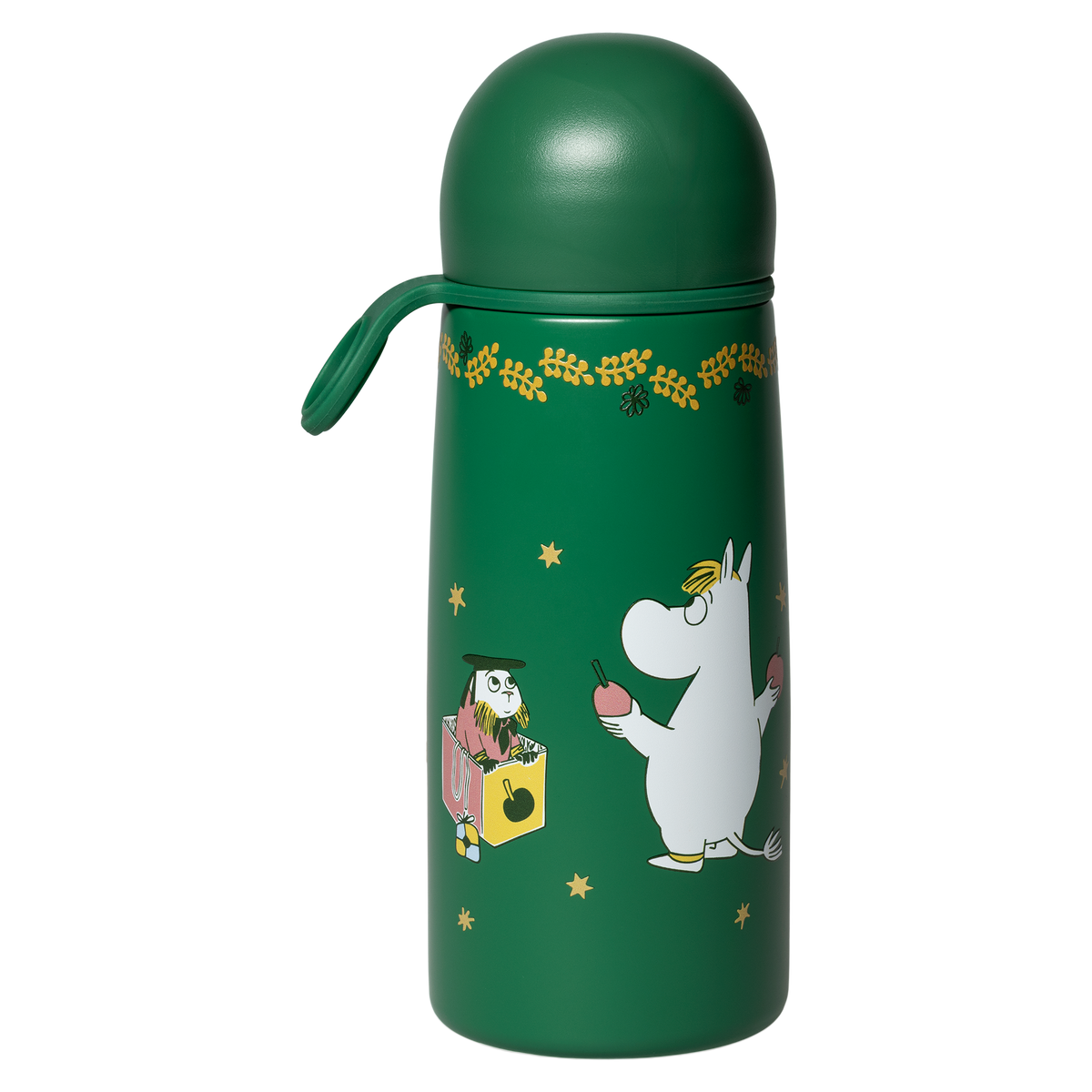 Moomin thermos bottle 0,45L Gift of Love - A green thermos bottle with a matching lid and carry loop, decorated with Snorkmaiden, stars, and a yellow floral band, shown on a plain white background.
