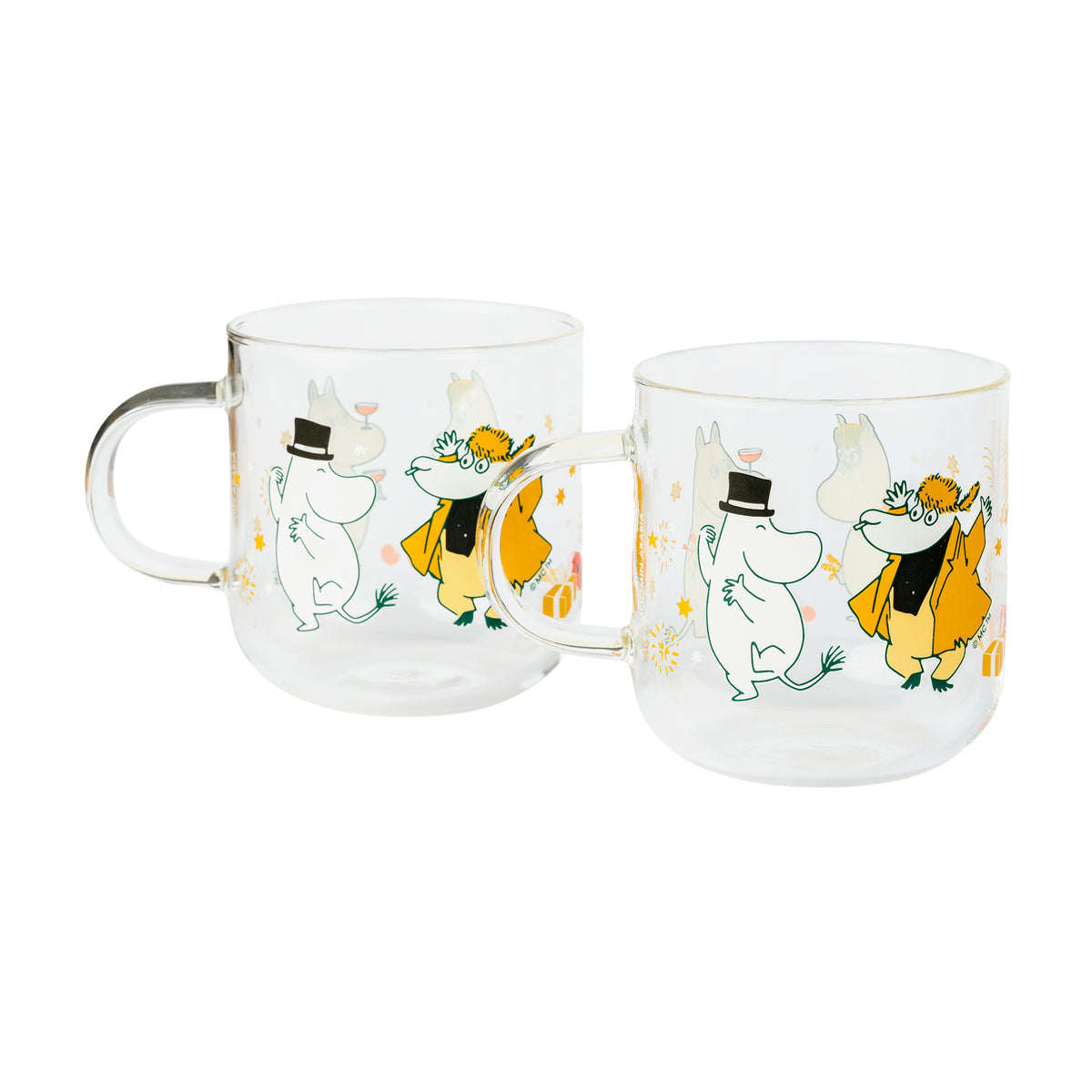 Moomin glass 30cl Gift of Love 2pc - Two clear glass mugs with handles, decorated with a repeating Moomin characters, on a white background.