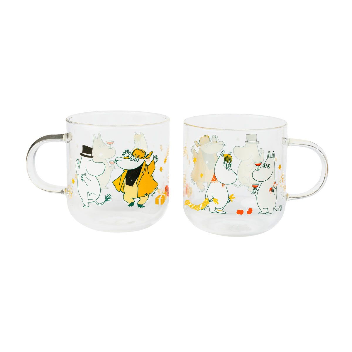 Moomin glass 30cl Gift of Love 2pc - Two clear glass mugs with printed Moomin characters, shown side by side on a white background. One mug features Moomin characters in a dancing pose, and the other shows them in a standing pose.