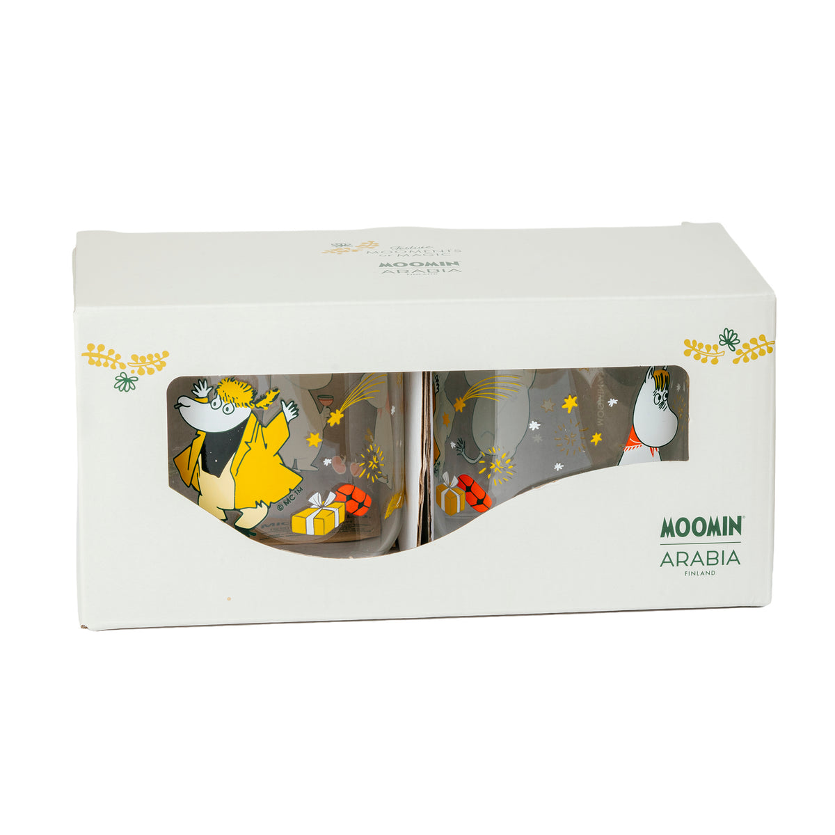 Moomin glass 30cl Gift of Love 2pc - Moomin Arabia glassware set in its original white packaging box, featuring two clear glasses decorated with Moomin characters and holiday motifs.