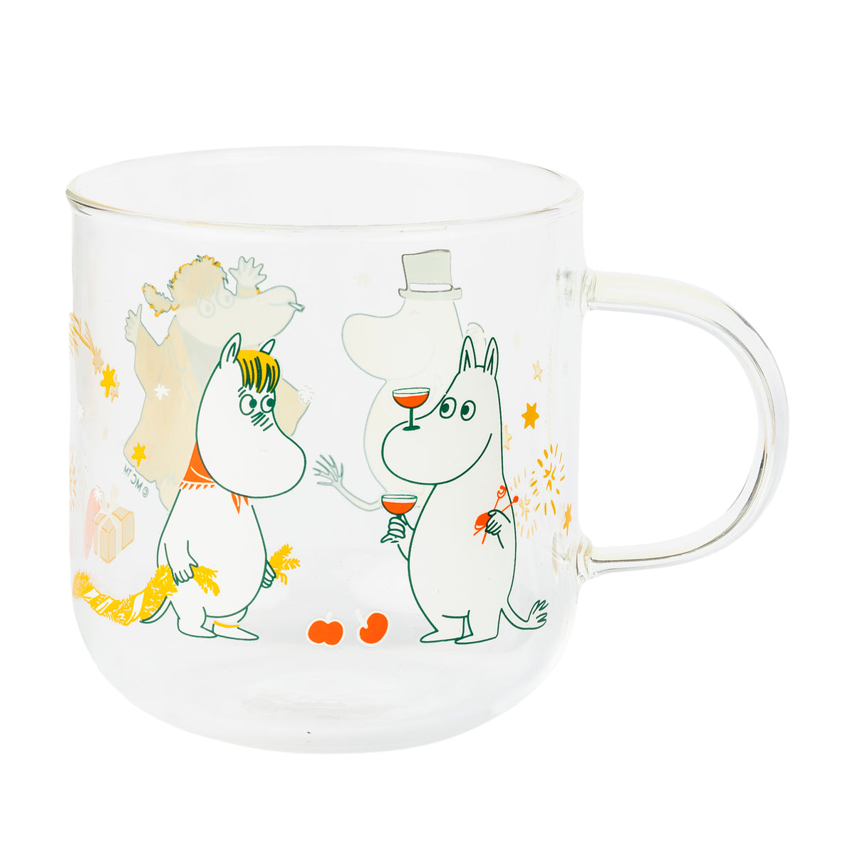 Moomin glass 30cl Gift of Love 2pc - A clear glass mug featuring a colorful illustration of Snorkmaiden and Moomintroll, with yellow stars and sparkles on a white background.