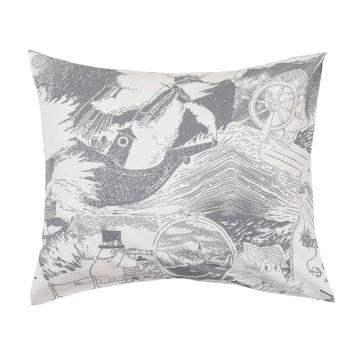 A grey pillowcase with illustrations of Moominpappa at sea, shown on a plain white background.