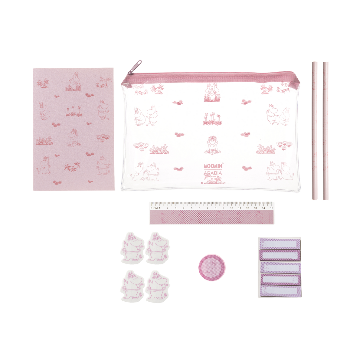 Mumin kontorsset  Snorkfröken - A pink and white stationery set featuring a clear zippered pencil pouch with pink Snorkmaiden illustrations, a pink patterned notebook, two pink pencils, a pink ruler, four small pink character stickers, a pink circular sticker, and three pink-and-white striped labels, all arranged on a white background.