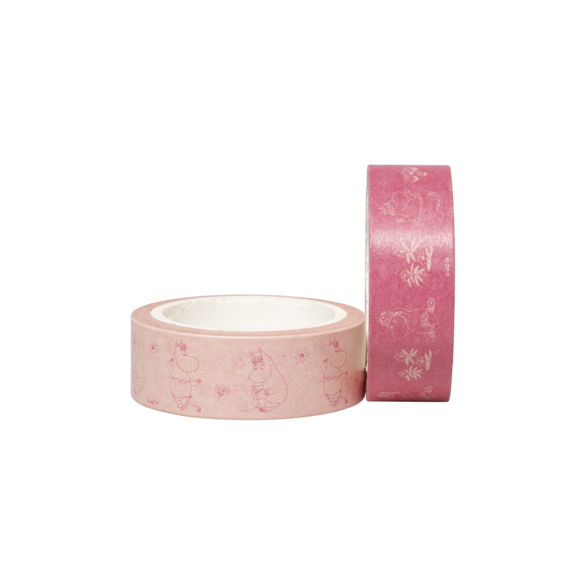 Moomin washitape Snorkmaiden 2pcs - Two rolls of decorative washi tape on a plain white background. One roll is light pink with a subtle darker pink Snorkmaiden illustration, and the other is a darker pink with a lighter pink Snorkmaiden illustration.