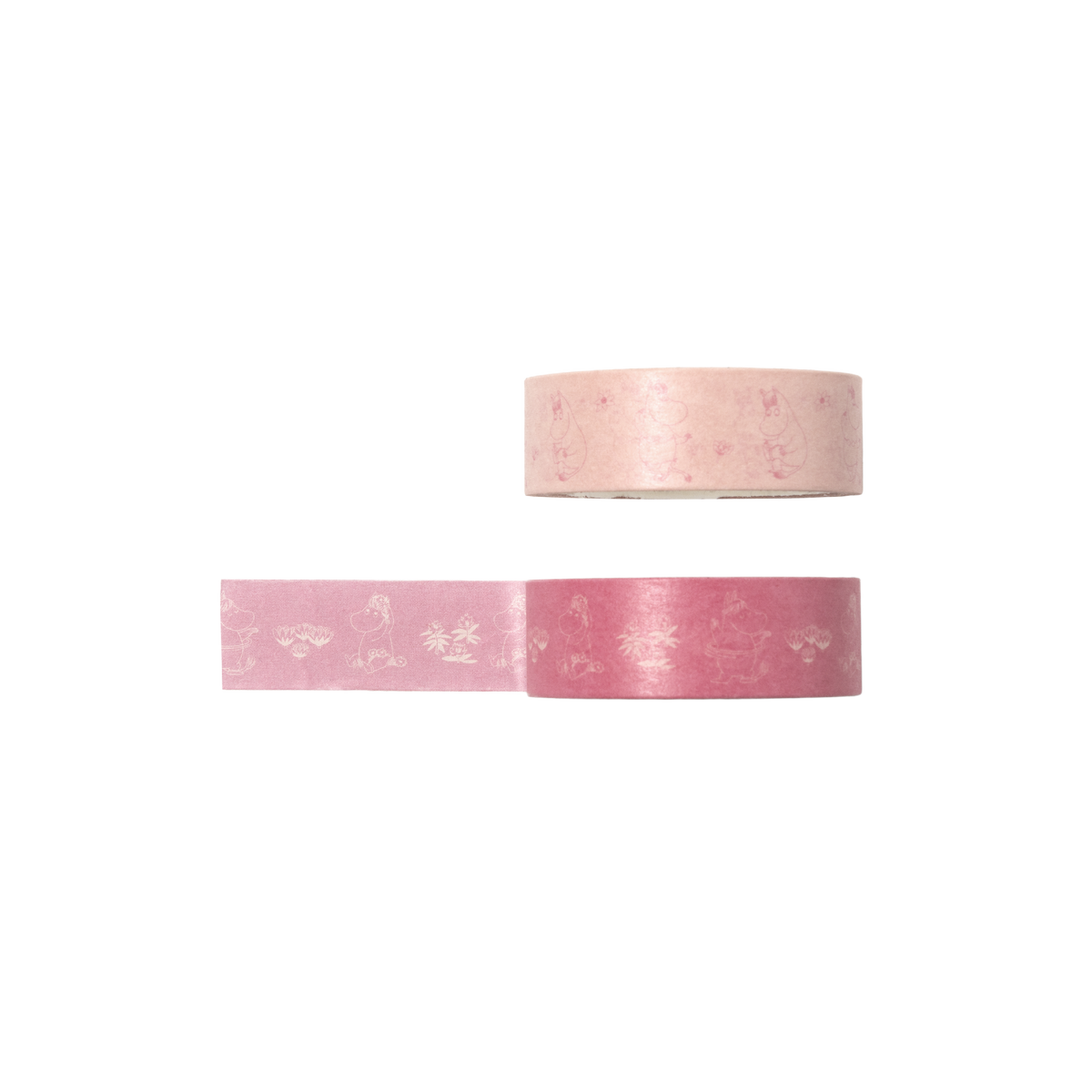 Moomin washitape Snorkmaiden 2pcs - Two rolls of decorative washi tape on a plain white background. One roll is light pink with a subtle darker pink Snorkmaiden illustration, and the other is a darker pink with a lighter pink Snorkmaiden illustration.