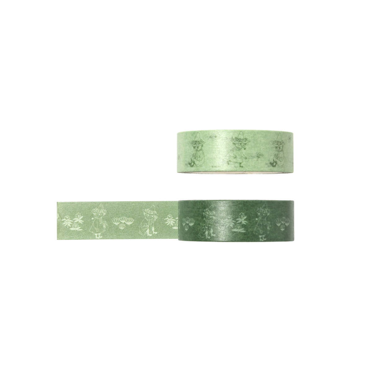 Moomin washitape Snufkin 2pcs - Two rolls of green washi tape with a subtle Snufkin illustration displayed on a clean white background.