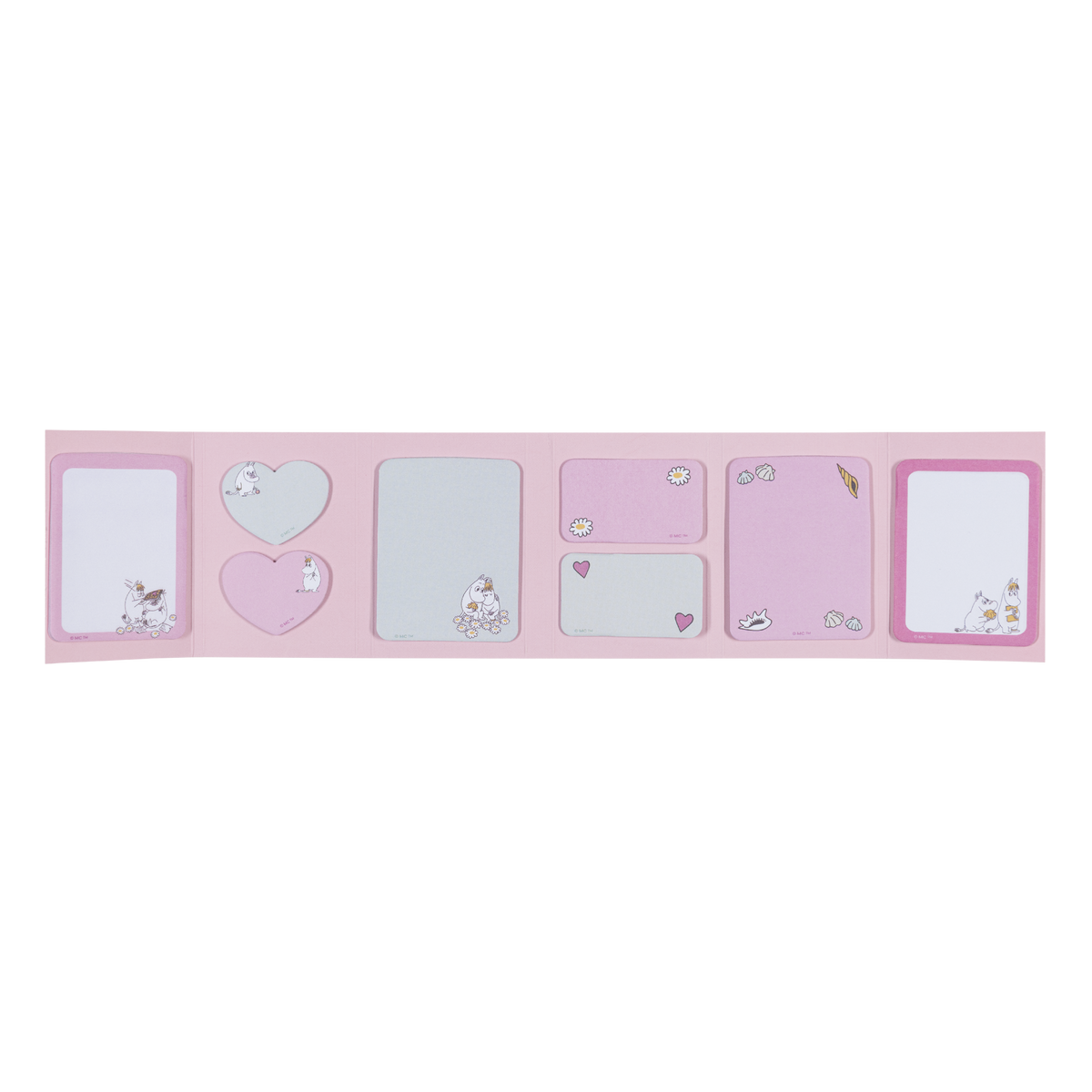 Moomin shaped sticky notes set Sweethrts - A pink sticky note set featuring multiple sticky note designs with illustrations of Moomintroll, Snorkmaiden, hearts, and small decorative accents, arranged horizontally on a white background.