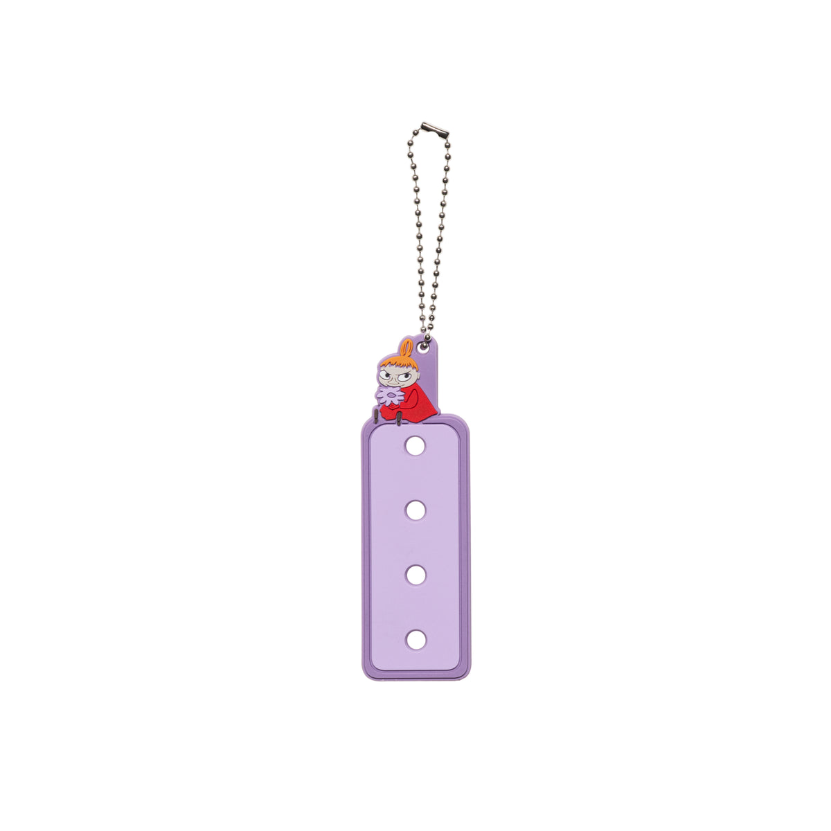 A lavender rectangular keychain with three holes for charms, attached to a silver ball chain. Little My is on the top edge.