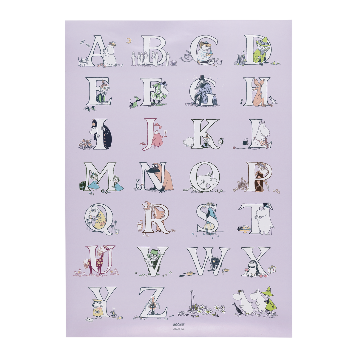 A Moomin-themed alphabet poster featuring illustrated letters from A to Z, each designed as a character scene from The Wonderful World of Moomin. The poster is centered on a light lavender background with a white border around the edges.