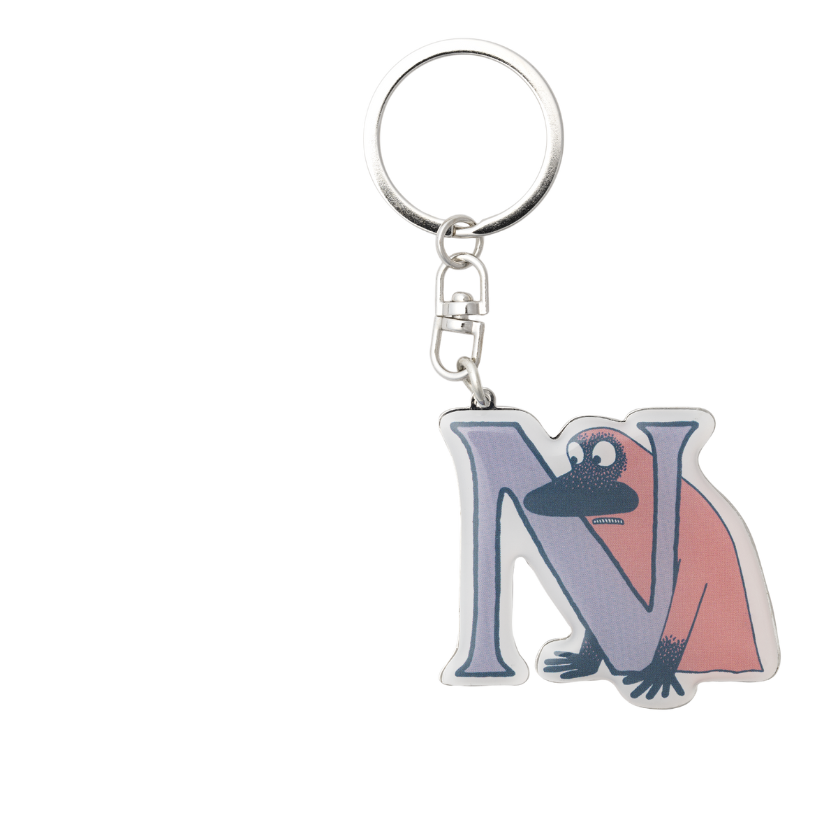 A keychain featuring a silver metal split ring and clasp, attached to a die-cut acrylic letter 'N' charm with The Groke peeking out from behind it.