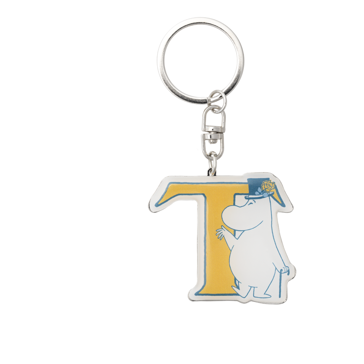 A silver metal keychain featuring Moominpappa on a yellow letter T charm, shown against a plain white background.