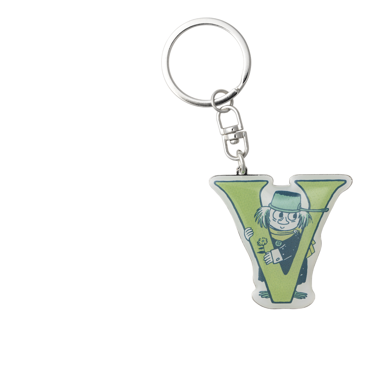 A silver metal keychain featuring a green letter 'V' charm with The Fuddler peeking out from behind it, shown on a plain white background.