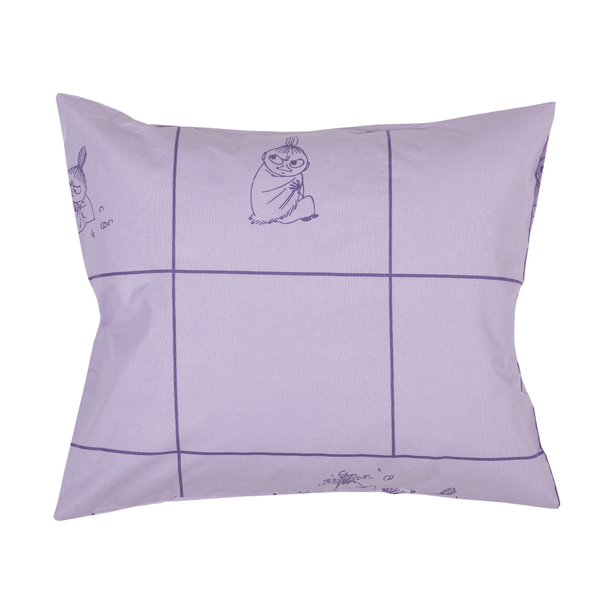 A light purple pillowcase, featuring a dark purple grid pattern and small Little My illustrations, displayed on a solid white background.
