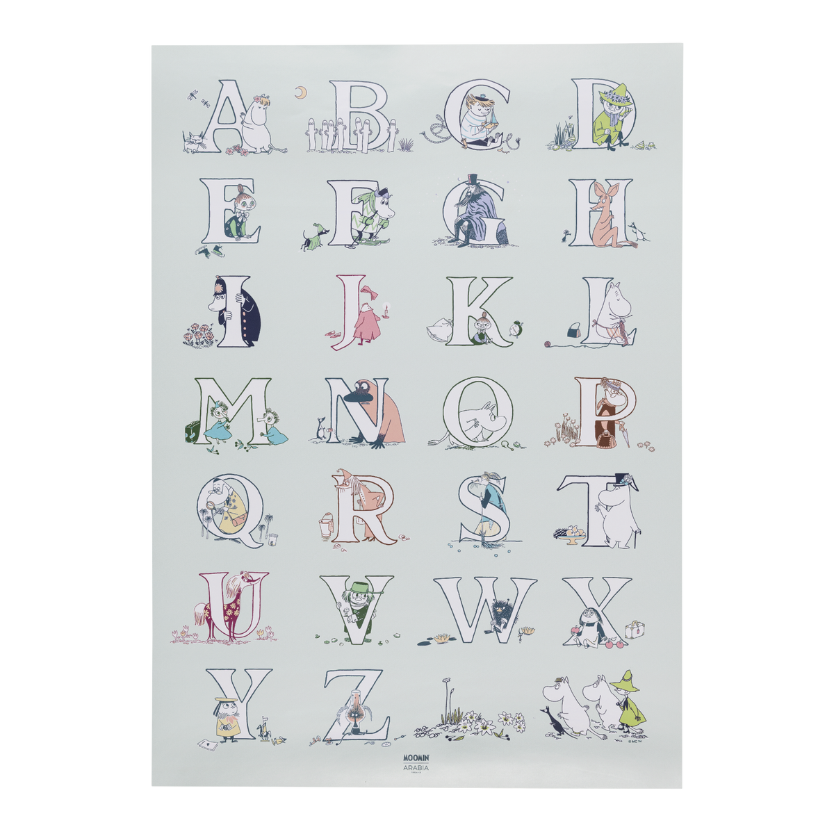 A Moomin-themed alphabet poster featuring the alphabet from A to Z, where each letter is illustrated with a Moomin character in soft pastel colors on a light green background.