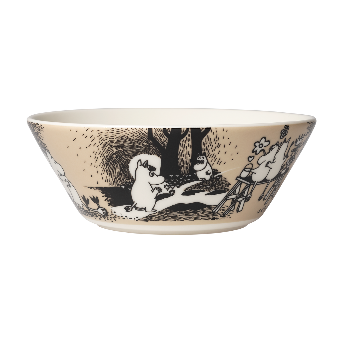 Moomin bowl 15cm Love beige - A ceramic bowl featuring a black and white Love illustration on a warm beige background, shown against a plain white backdrop.