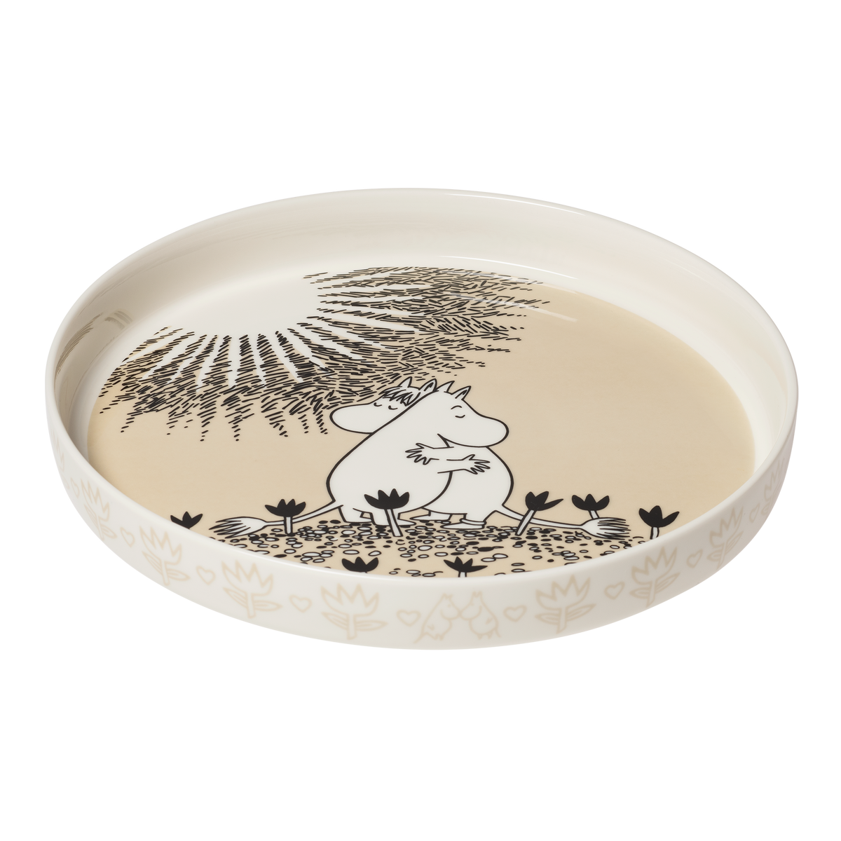 Mumin pajform 28cm Kärlek beige - A round ceramic pie dish featuring a black and white illustration of the Love mug on a warm beige background.