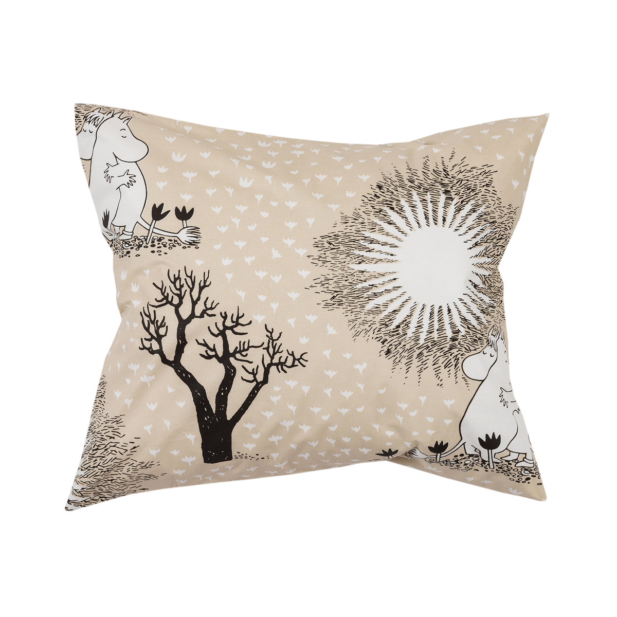 A pillowcase, featuring the Moomintroll and Snormaiden hugging, trees, and sunbursts on a beige background.