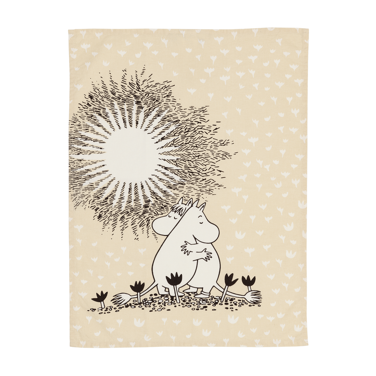 A rectangular beige-colored kitchen towel, featuring Moomintroll and Snorkmaiden. The scene shows Moomintroll and Snorkmaide hugging in a field of flowers beneath a large sunburst, with a repeating pattern of small floral motifs in the background.