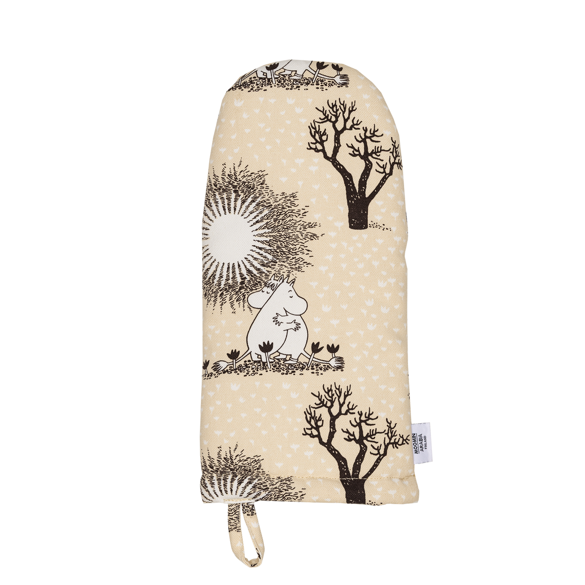 A beige oven mitten with an illutration of Moomintroll and Snorkmaiden hugging.