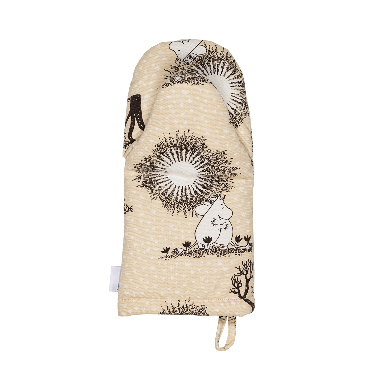 Moomin oven mitten 16x32cm Love beige - A beige oven mitten with an illutration of Moomintroll and Snorkmaiden hugging.