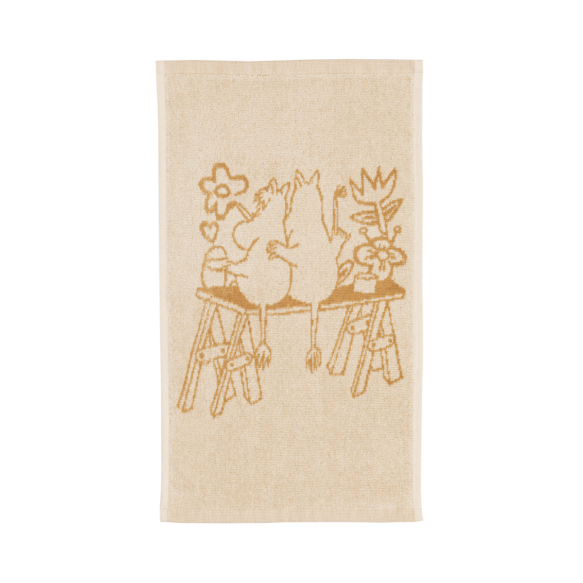 A beige hand towel featuring an illustration of Snorkmaiden and Moomintroll painting flowers on the wall together.