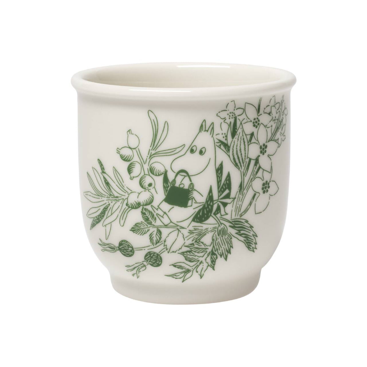 A white ceramic tea mug featuring a green line art illustration of the Moomin character Moominmamma and surrounding flowers and leaves, shown against a plain white background.