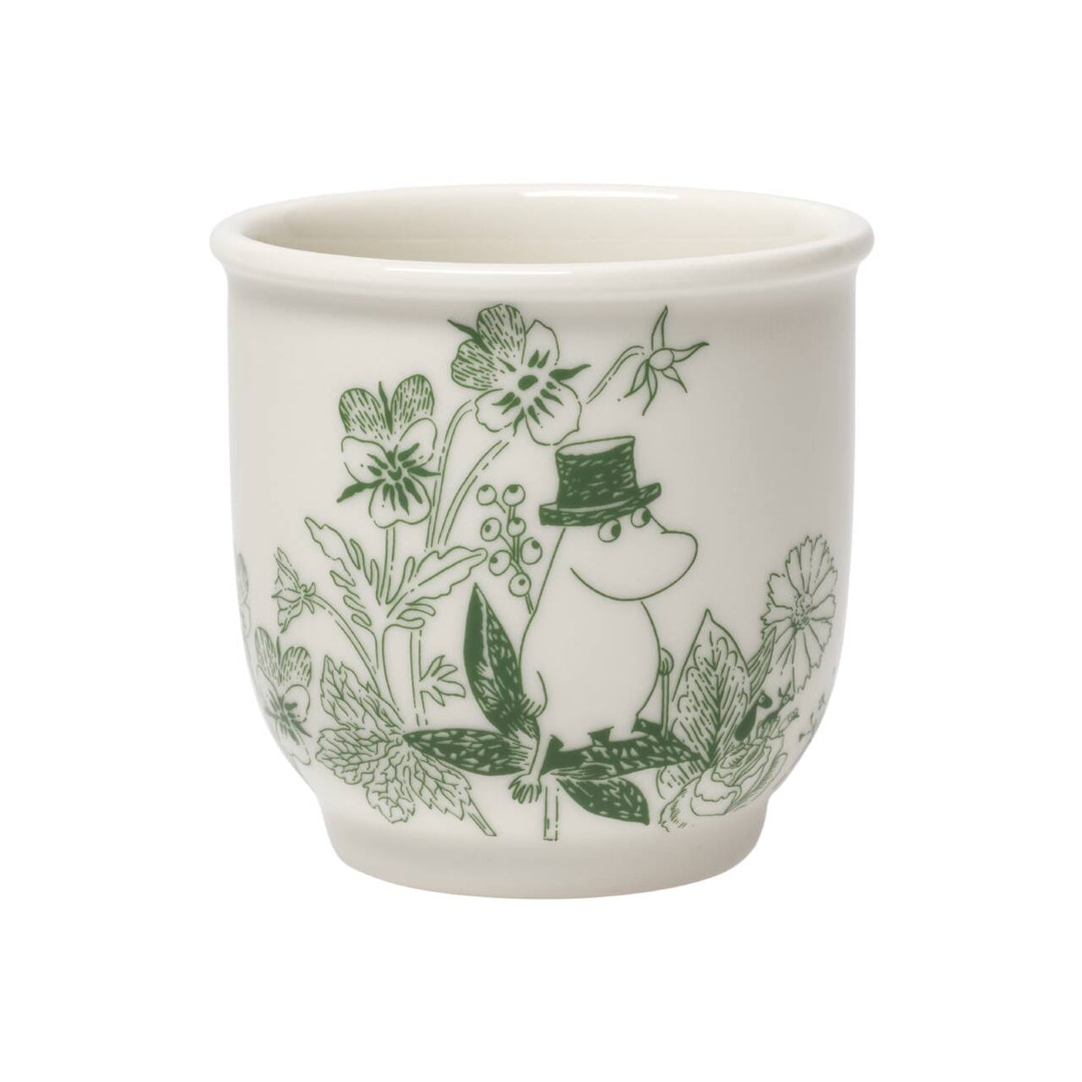 Moomin tea mug 26cl Haru green - A white ceramic tea mug featuring a green printed illustration of Moominpappa surrounded by flowers and leaves.