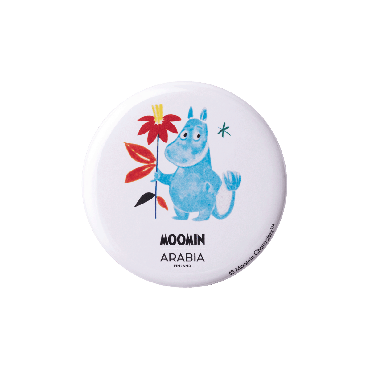 Moomin badge set, Beams - Round white badge with Moomintroll and flowers on a white background